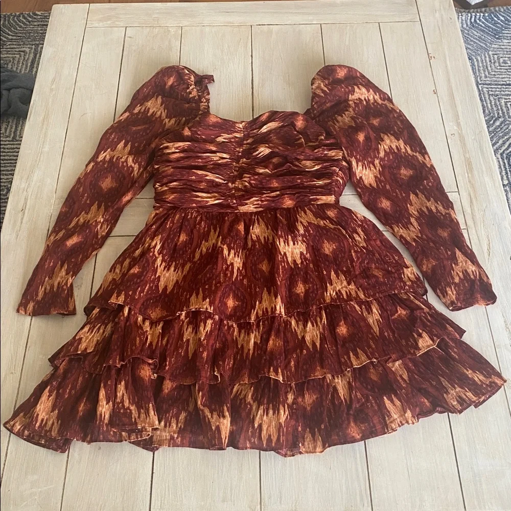 House of Harlow 1960 Rust and Gold Patterned Ruffle Dress Medium - Picture 3 of 3